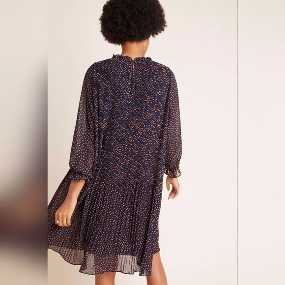Anthropologie Lucia Navy Star Dot Pleated Dress | US 6 | Feminine Lined Y2K - Picture 2 of 14
